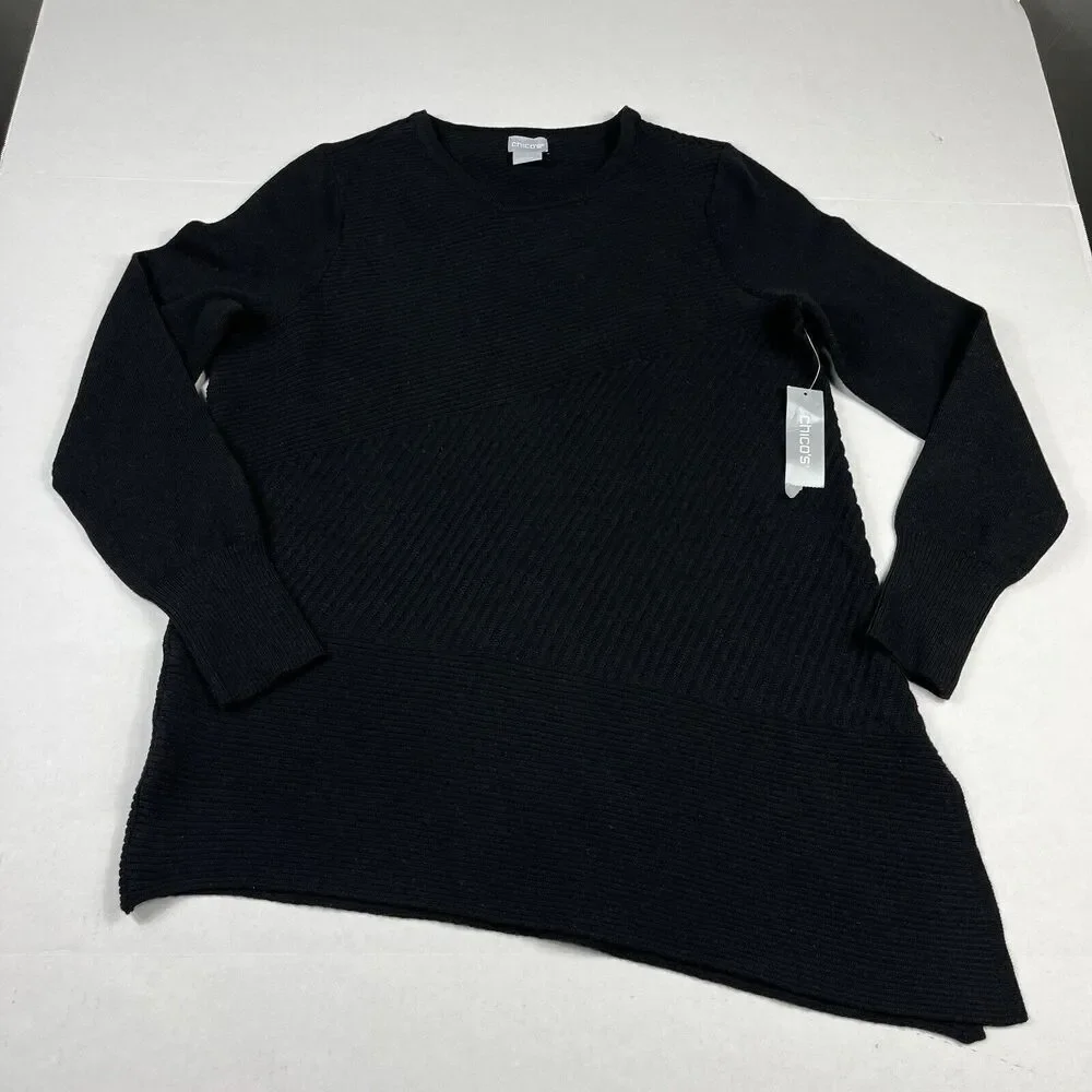 Chicos Tunic Sweater Black Asymmetric Warm Cozy Ribbed Knit Pullover 0 SMALL NEW